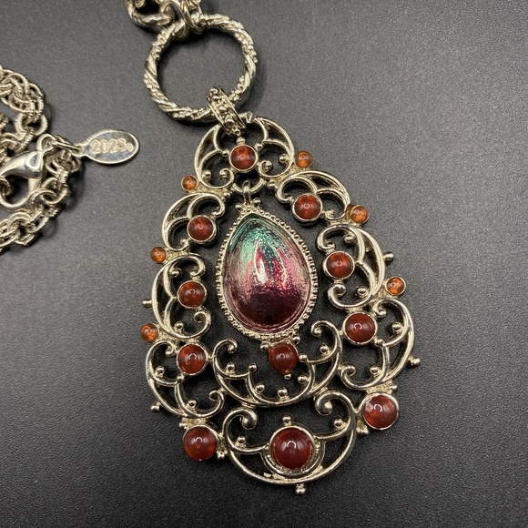 2028 Necklace Silver Tone Filigree Chain Purple Ribbon Long Necklace - Picture 1 of 8